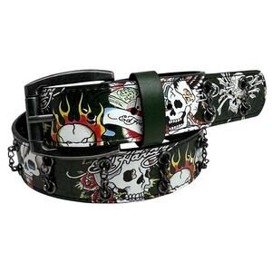 Ed Hardy Men's Skull Tattoo Olive Belt With Chains